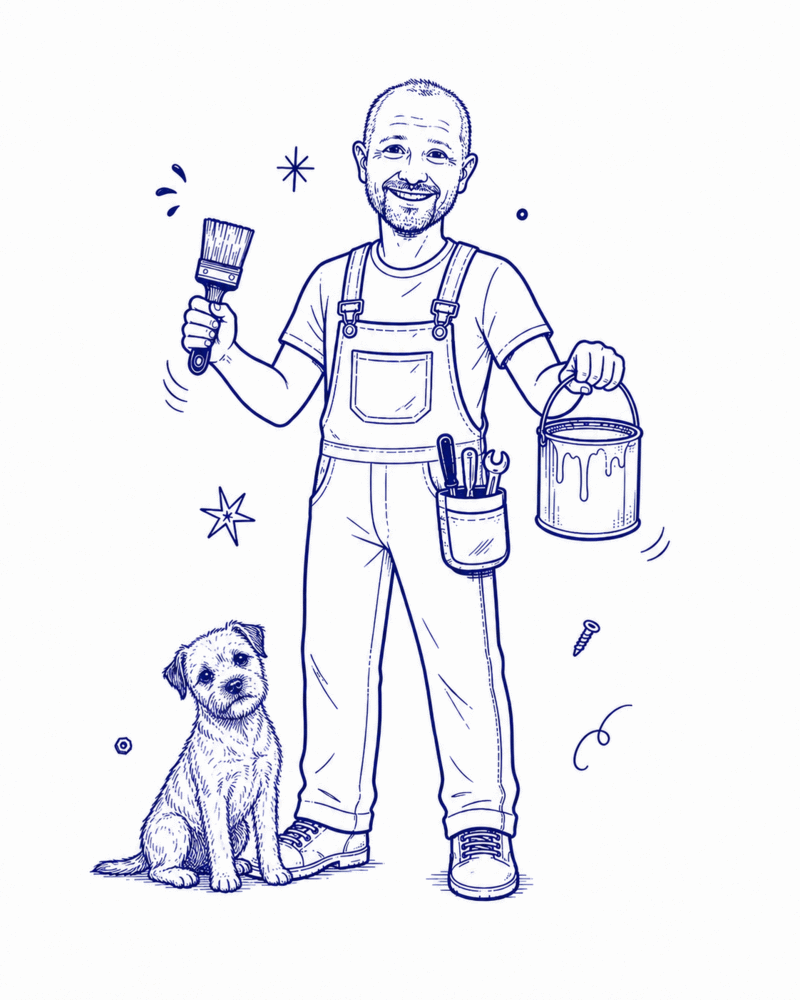 Illustration of Jason with his dog Sid, cycling through different tools